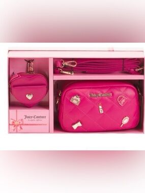 NEW Juicy Couture Puffy Quilted Camera Crossbody Bag Set Raspberry Tart
